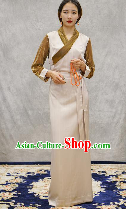 China Tibetan Ethnic Female Beige Dress Zang Nationality Bola Clothing