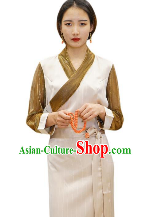 China Tibetan Ethnic Female Beige Dress Zang Nationality Bola Clothing