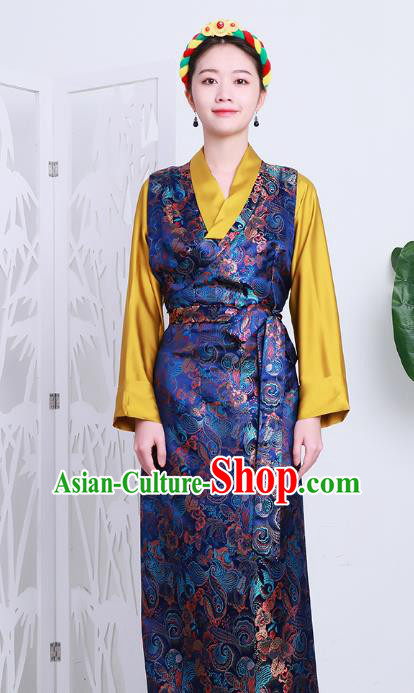 Chinese Royalblue Brocade Bola Dress Zang Nationality Woman Clothing Tibetan Minority Costume