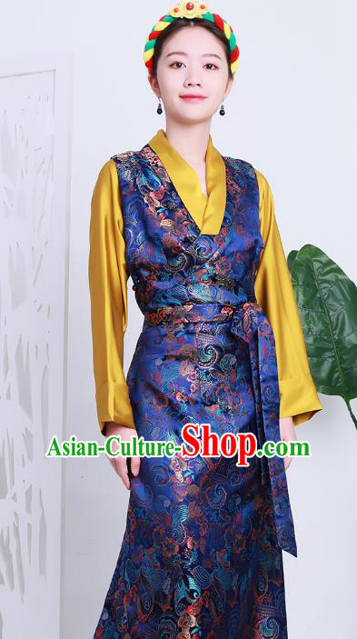 Chinese Royalblue Brocade Bola Dress Zang Nationality Woman Clothing Tibetan Minority Costume