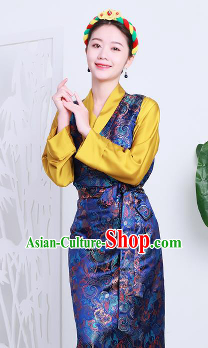 Chinese Royalblue Brocade Bola Dress Zang Nationality Woman Clothing Tibetan Minority Costume