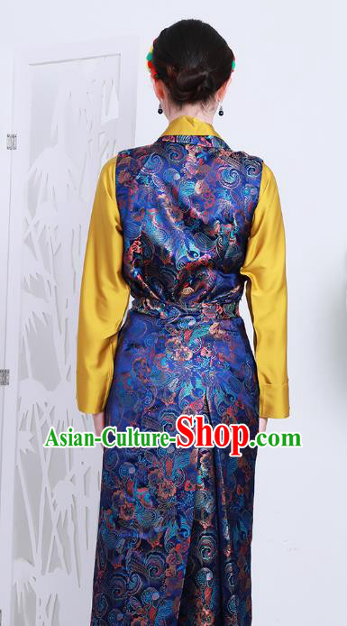 Chinese Royalblue Brocade Bola Dress Zang Nationality Woman Clothing Tibetan Minority Costume