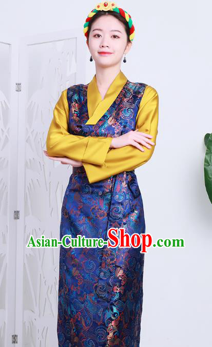 Chinese Royalblue Brocade Bola Dress Zang Nationality Woman Clothing Tibetan Minority Costume