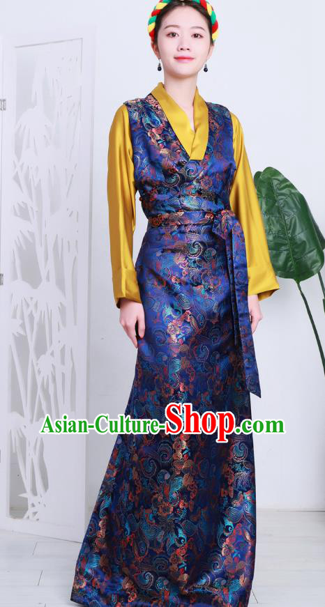 Chinese Royalblue Brocade Bola Dress Zang Nationality Woman Clothing Tibetan Minority Costume