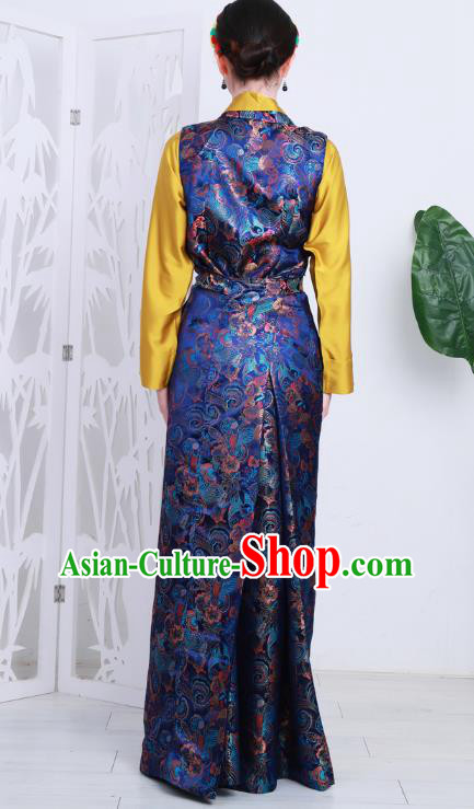 Chinese Royalblue Brocade Bola Dress Zang Nationality Woman Clothing Tibetan Minority Costume