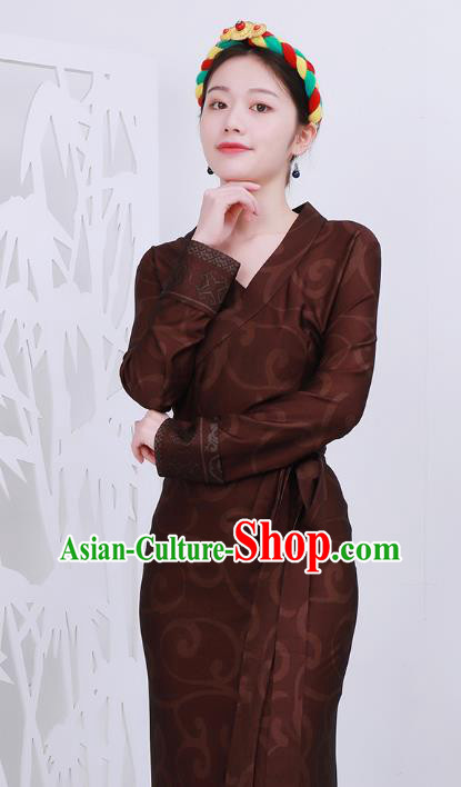 Chinese Zang Nationality Woman Clothing Tibetan Minority Rust Red Bola Dress Costume