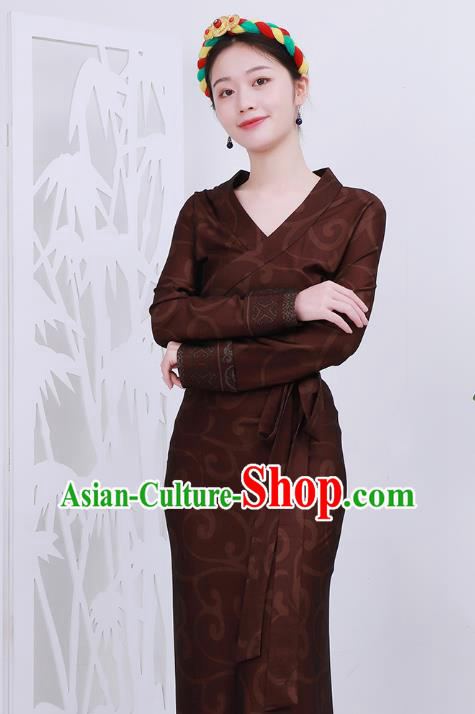 Chinese Zang Nationality Woman Clothing Tibetan Minority Rust Red Bola Dress Costume