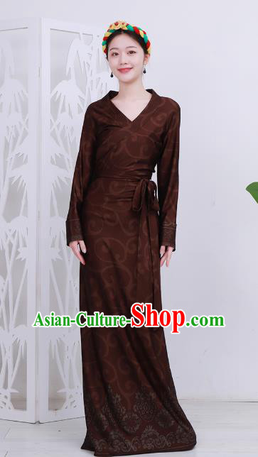 Chinese Zang Nationality Woman Clothing Tibetan Minority Rust Red Bola Dress Costume