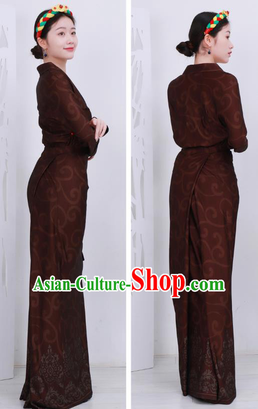Chinese Zang Nationality Woman Clothing Tibetan Minority Rust Red Bola Dress Costume