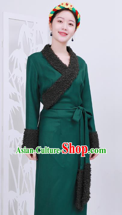 Chinese Tibetan Minority Green Woolen Bola Dress Costume Zang Nationality Woman Winter Clothing