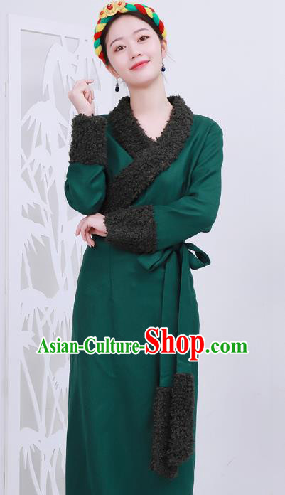Chinese Tibetan Minority Green Woolen Bola Dress Costume Zang Nationality Woman Winter Clothing
