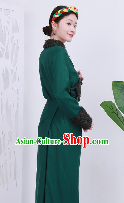 Chinese Tibetan Minority Green Woolen Bola Dress Costume Zang Nationality Woman Winter Clothing