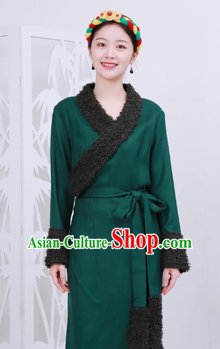 Chinese Tibetan Minority Green Woolen Bola Dress Costume Zang Nationality Woman Winter Clothing