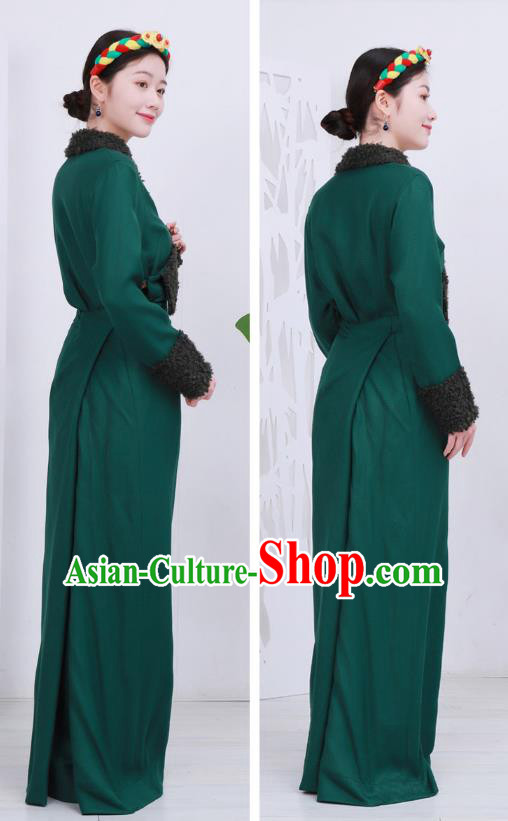 Chinese Tibetan Minority Green Woolen Bola Dress Costume Zang Nationality Woman Winter Clothing