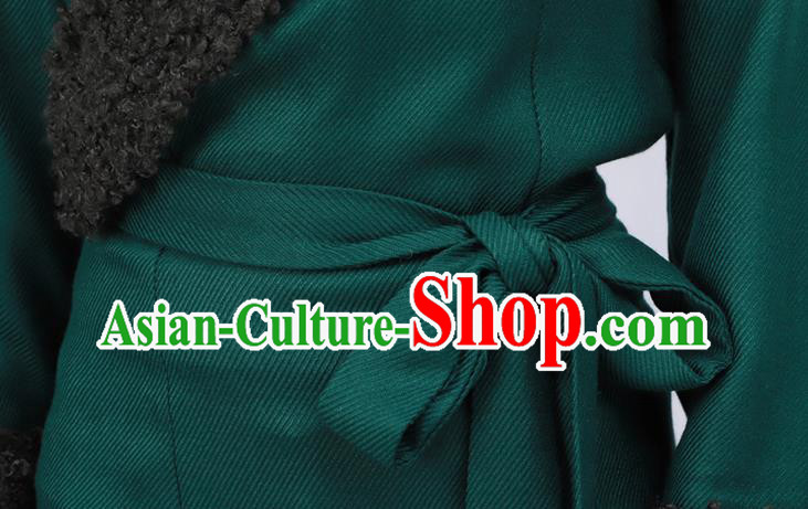 Chinese Tibetan Minority Green Woolen Bola Dress Costume Zang Nationality Woman Winter Clothing