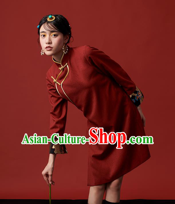 China Zang Nationality Red Dress Clothing Tibetan Ethnic Young Lady Costume