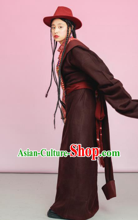 China Tibetan Ethnic Woolen Robe Costume Zang Nationality Folk Dance Clothing