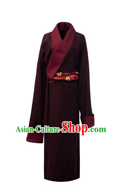 China Tibetan Ethnic Woolen Robe Costume Zang Nationality Folk Dance Clothing
