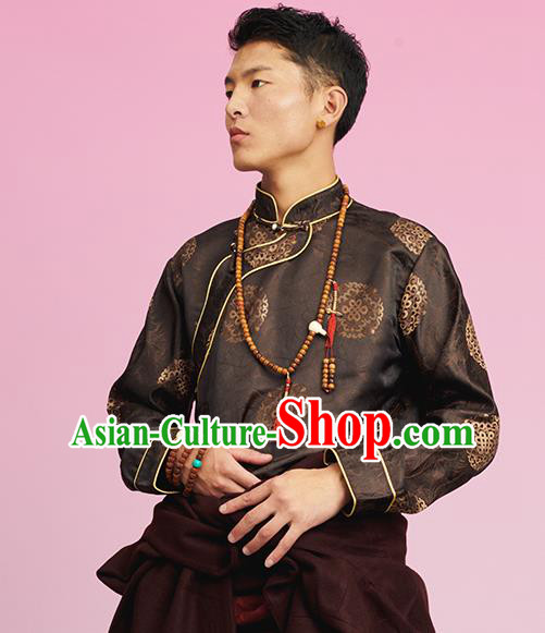 Chinese Zang Nationality Upper Outer Garment Clothing Tibetan Ethnic Male Brown Brocade Shirt