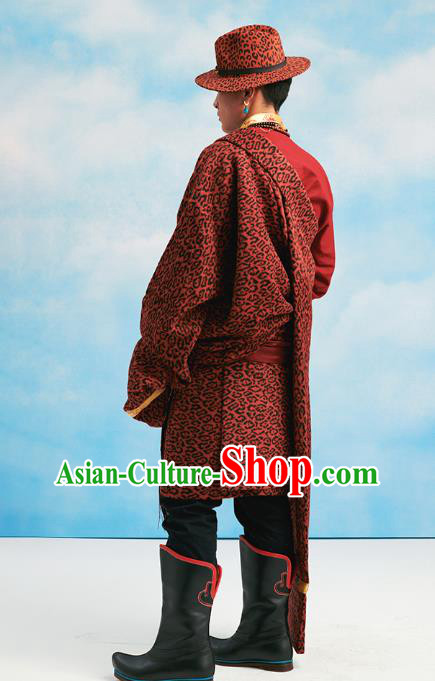 Chinese Zang Nationality Winter Outer Garment Clothing Tibetan Ethnic Red Woolen Leopard Robe