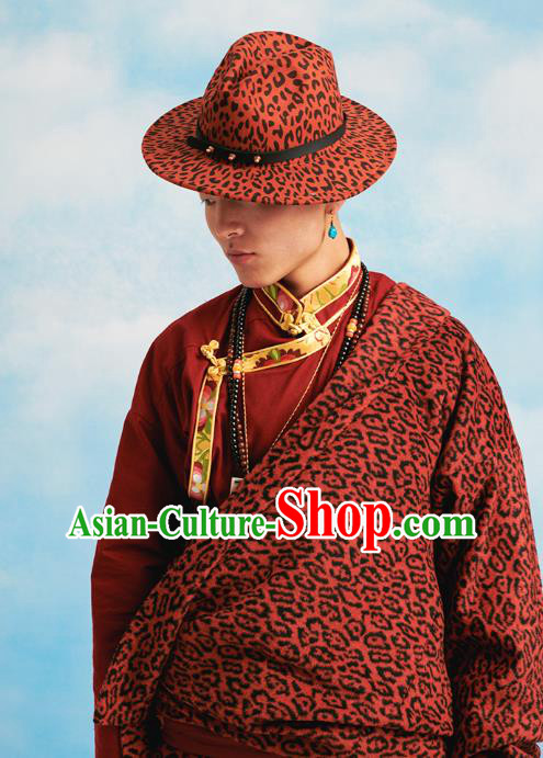 Chinese Zang Nationality Winter Outer Garment Clothing Tibetan Ethnic Red Woolen Leopard Robe