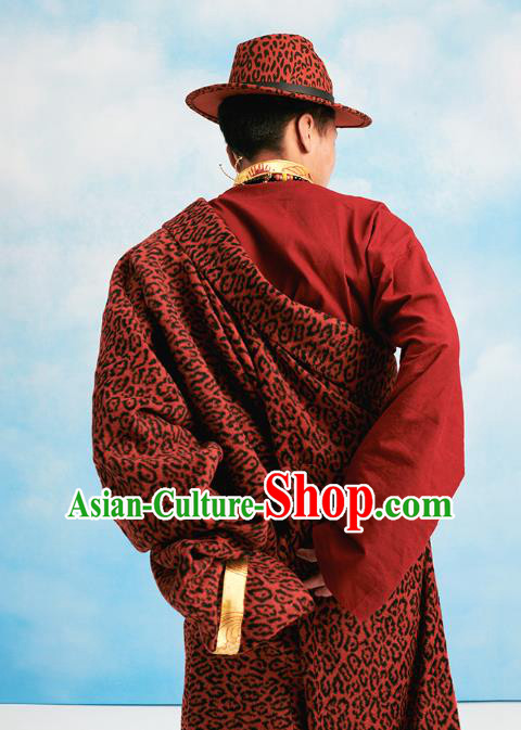 Chinese Zang Nationality Winter Outer Garment Clothing Tibetan Ethnic Red Woolen Leopard Robe