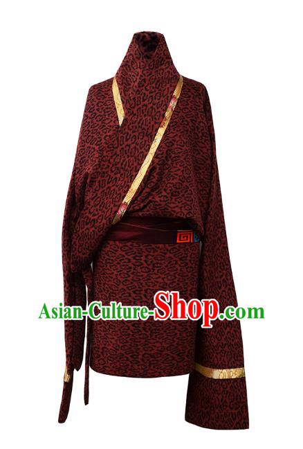 Chinese Zang Nationality Winter Outer Garment Clothing Tibetan Ethnic Red Woolen Leopard Robe