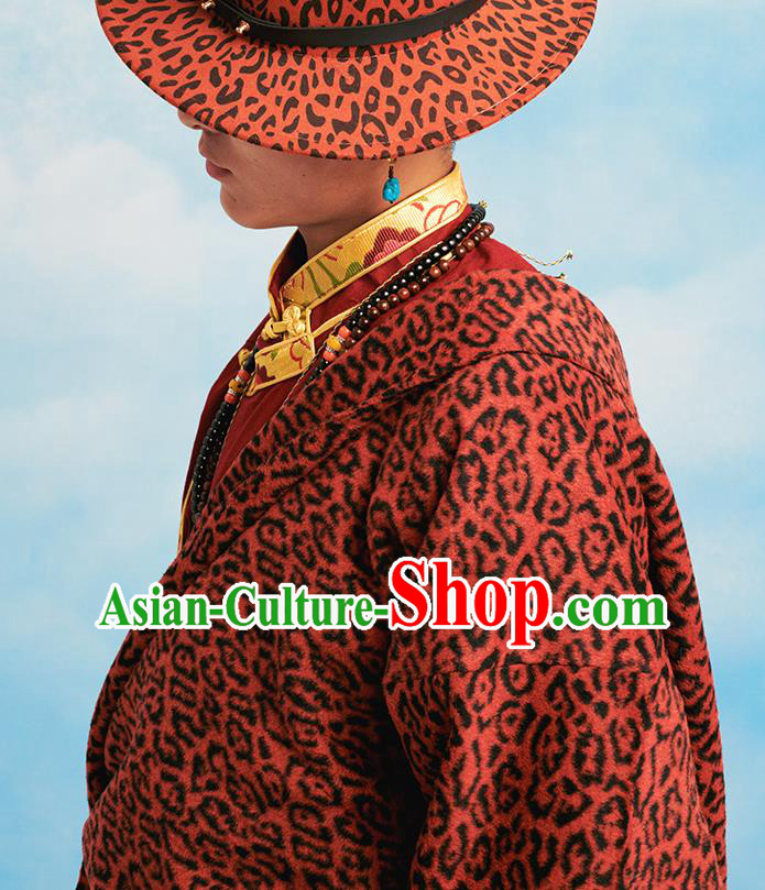 Chinese Zang Nationality Winter Outer Garment Clothing Tibetan Ethnic Red Woolen Leopard Robe