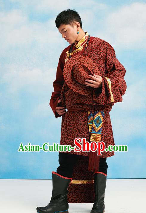 Chinese Zang Nationality Winter Outer Garment Clothing Tibetan Ethnic Red Woolen Leopard Robe