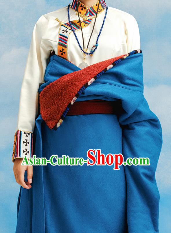 China Tibetan Ethnic Blue Robe Costume Zang Nationality Woman Folk Dance Clothing