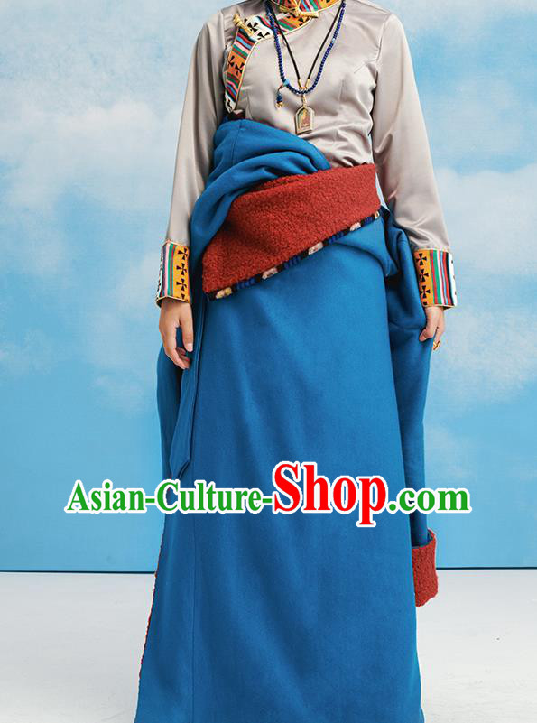 China Tibetan Ethnic Blue Robe Costume Zang Nationality Woman Folk Dance Clothing