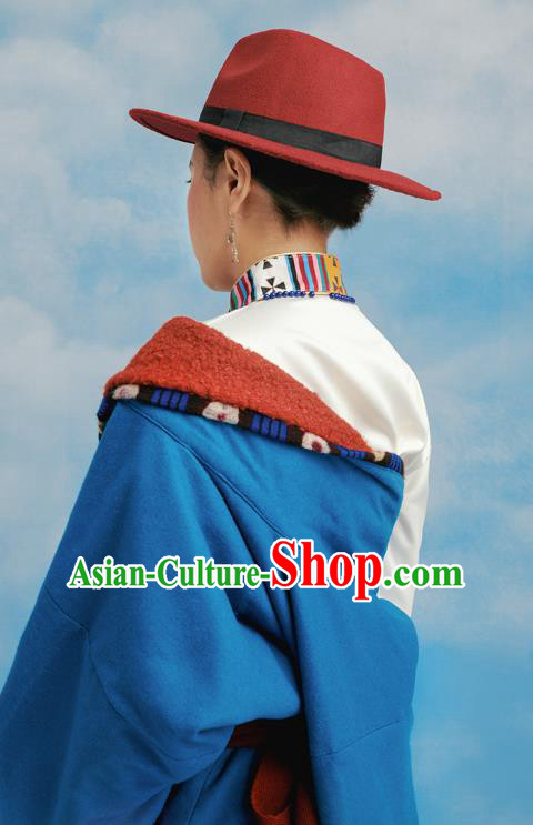 China Tibetan Ethnic Blue Robe Costume Zang Nationality Woman Folk Dance Clothing