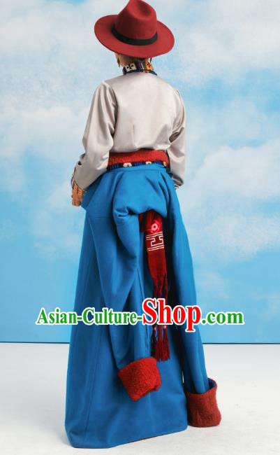 China Tibetan Ethnic Blue Robe Costume Zang Nationality Woman Folk Dance Clothing
