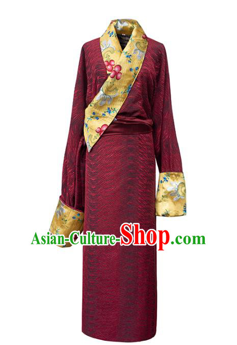 China Zang Nationality Kangba Clothing Tibetan Ethnic Dark Red Robe Costume