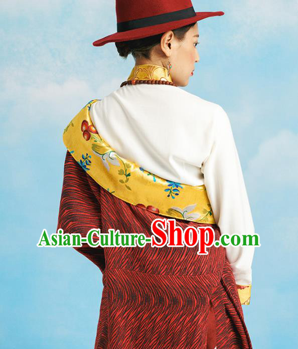 China Zang Nationality Kangba Clothing Tibetan Ethnic Dark Red Robe Costume