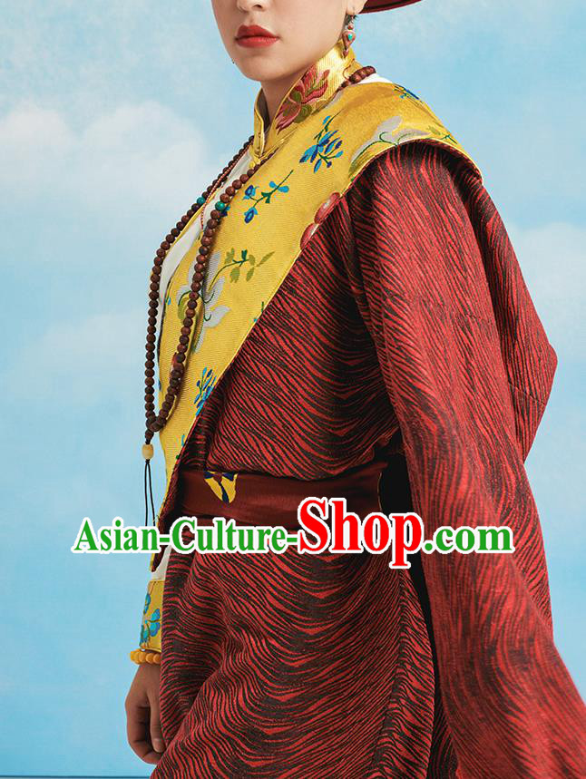 China Zang Nationality Kangba Clothing Tibetan Ethnic Dark Red Robe Costume