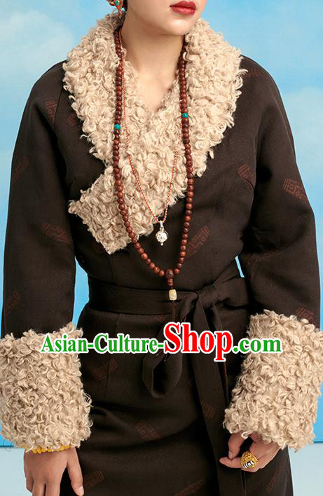 China Tibetan Ethnic Folk Dance Winter Costume Zang Nationality Deep Brown Bola Robe Clothing