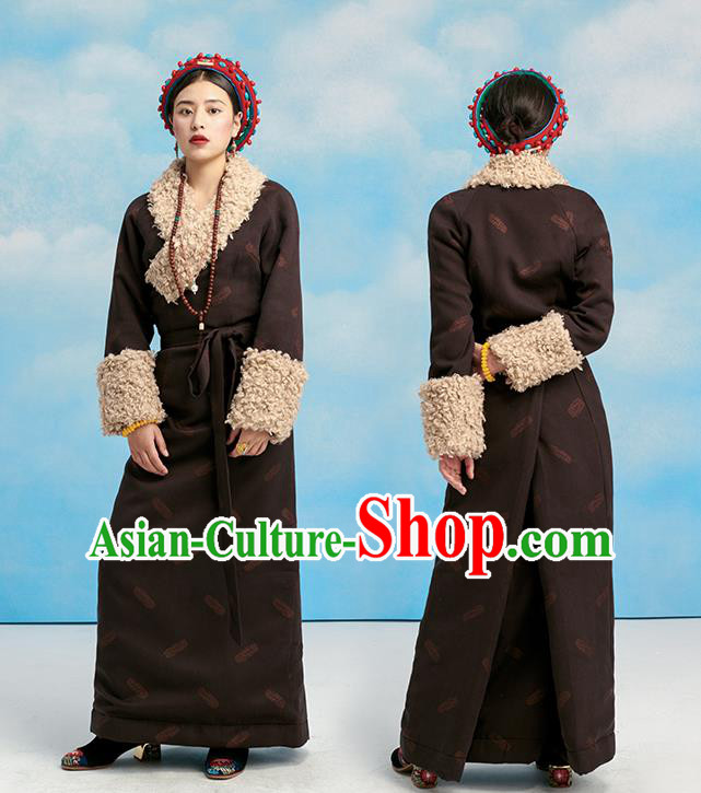 China Tibetan Ethnic Folk Dance Winter Costume Zang Nationality Deep Brown Bola Robe Clothing