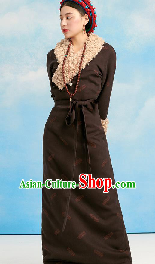 China Tibetan Ethnic Folk Dance Winter Costume Zang Nationality Deep Brown Bola Robe Clothing