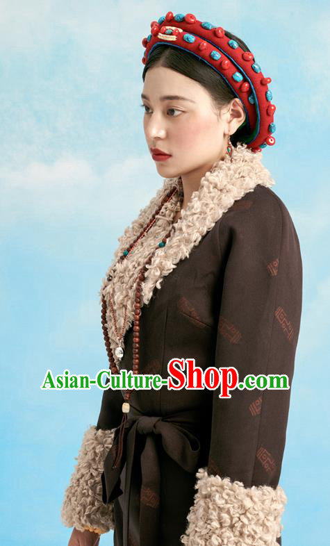 China Tibetan Ethnic Folk Dance Winter Costume Zang Nationality Deep Brown Bola Robe Clothing