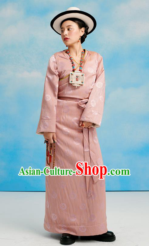 China Zang Nationality Pink Bola Dress Clothing Tibetan Ethnic Folk Dance Costume