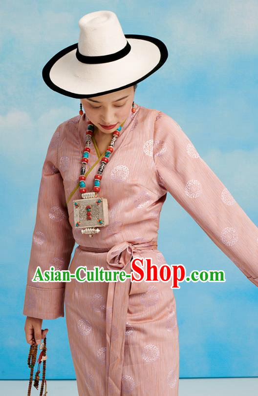 China Zang Nationality Pink Bola Dress Clothing Tibetan Ethnic Folk Dance Costume