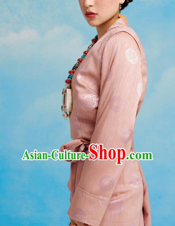 China Zang Nationality Pink Bola Dress Clothing Tibetan Ethnic Folk Dance Costume