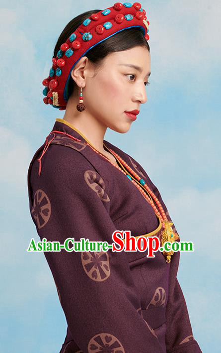 China Tibetan Ethnic Folk Dance Costume Zang Nationality Purple Bola Dress Clothing