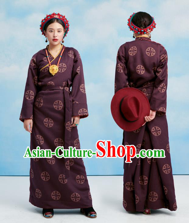 China Tibetan Ethnic Folk Dance Costume Zang Nationality Purple Bola Dress Clothing