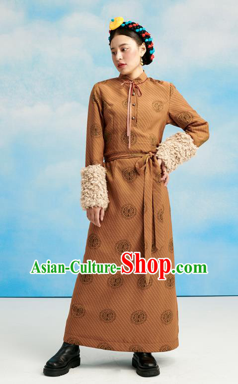 China Zang Nationality Ginger Lamb Wool Bola Dress Clothing Tibetan Ethnic Woman Winter Costume
