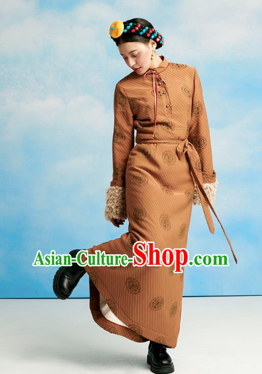China Zang Nationality Ginger Lamb Wool Bola Dress Clothing Tibetan Ethnic Woman Winter Costume