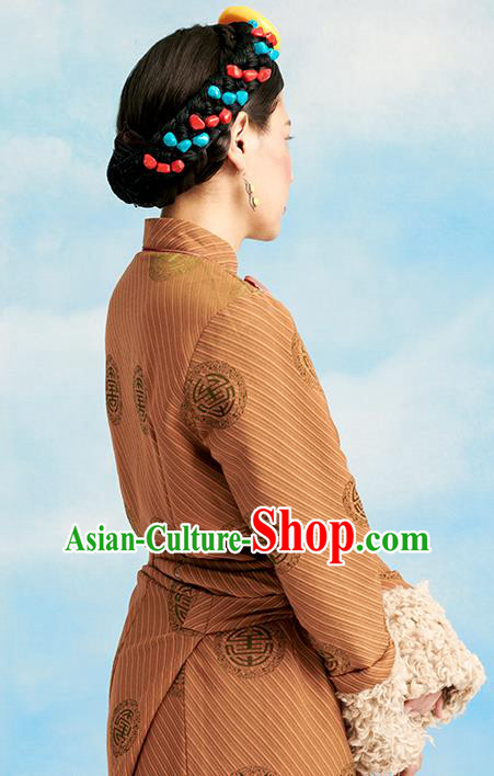 China Zang Nationality Ginger Lamb Wool Bola Dress Clothing Tibetan Ethnic Woman Winter Costume
