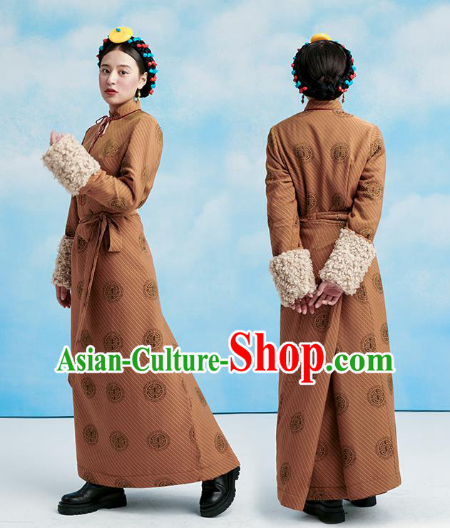China Zang Nationality Ginger Lamb Wool Bola Dress Clothing Tibetan Ethnic Woman Winter Costume