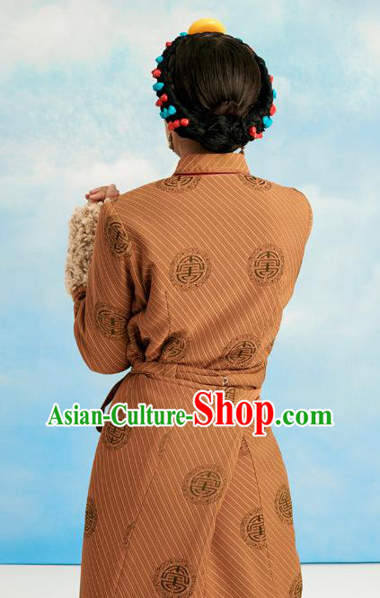 China Zang Nationality Ginger Lamb Wool Bola Dress Clothing Tibetan Ethnic Woman Winter Costume